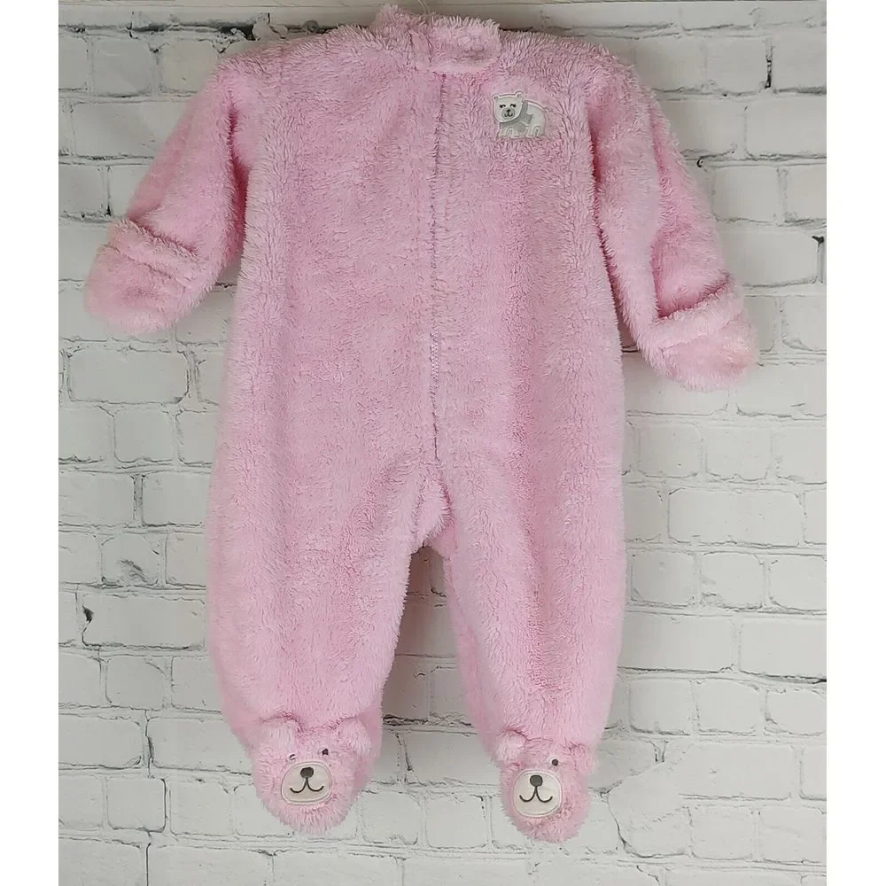 Carters Baby Girl Pink Fleece Hooded Pram Suit Bear Ears Footed Bunting 6 Months
